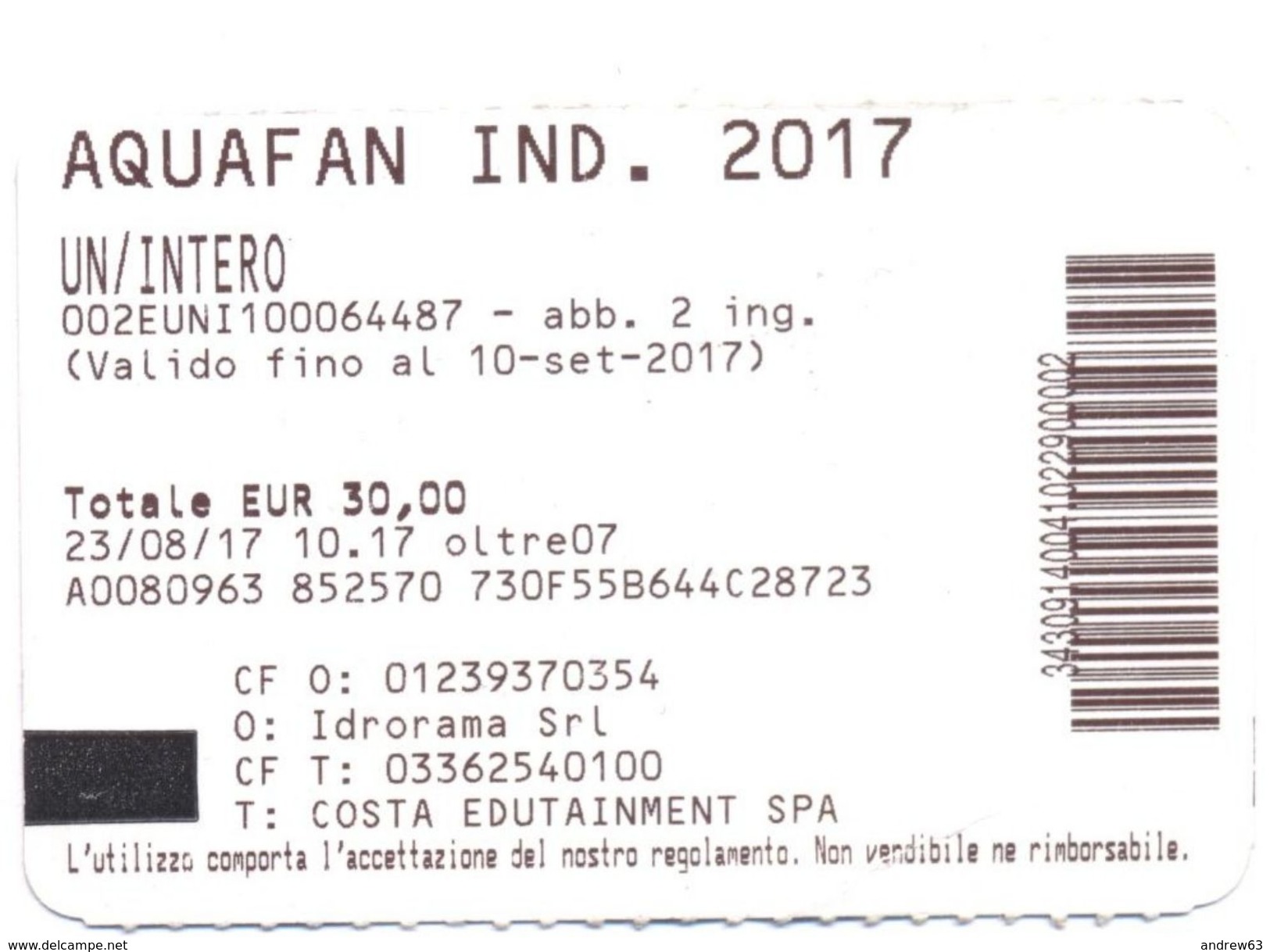 ITALIA - ITALY - ITALIE - ACQUAFAN - Riccione - IND. 2017 - Intero - Delfini - Usato - Tickets - Vouchers