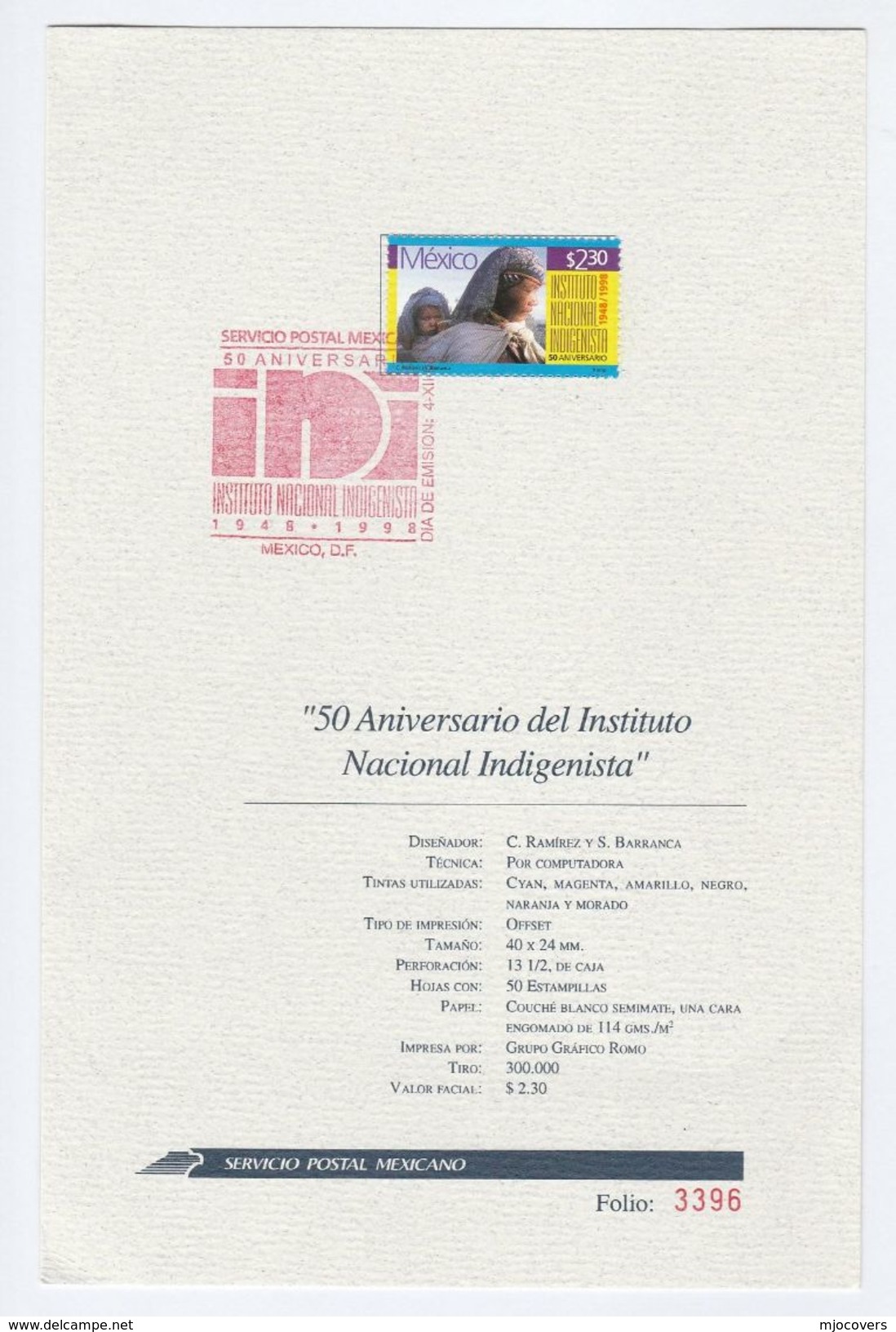 1998 MEXICO FDC Card INSTITUTO NACIONALE INDIGENISTA 50th Anniv Stamps Indigenous People Native Cover - FDC