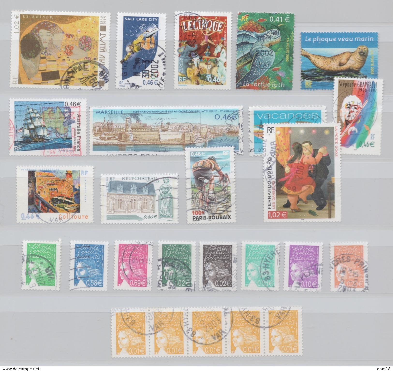 FRANCE 2002 LOT 22 TIMBRES DIFFERENTS DONT KLIMT CIRQUE MARSEILLE BOTERO TORTUE AUSTRALIE ETC... - Used Stamps