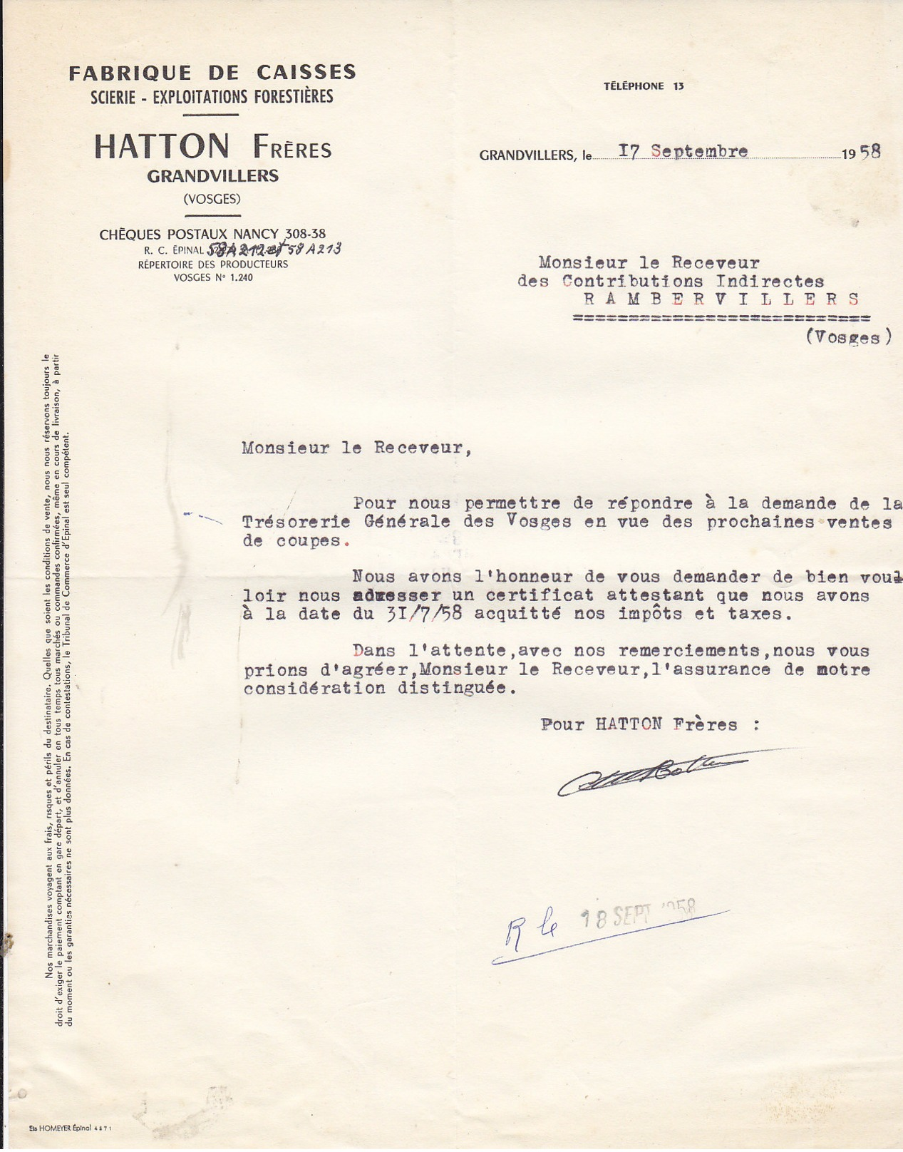 Hatton , Scierie ,fabrique De Caisses à Grandvillers , Vosges ,courrier De 1958 - 1950 - ...