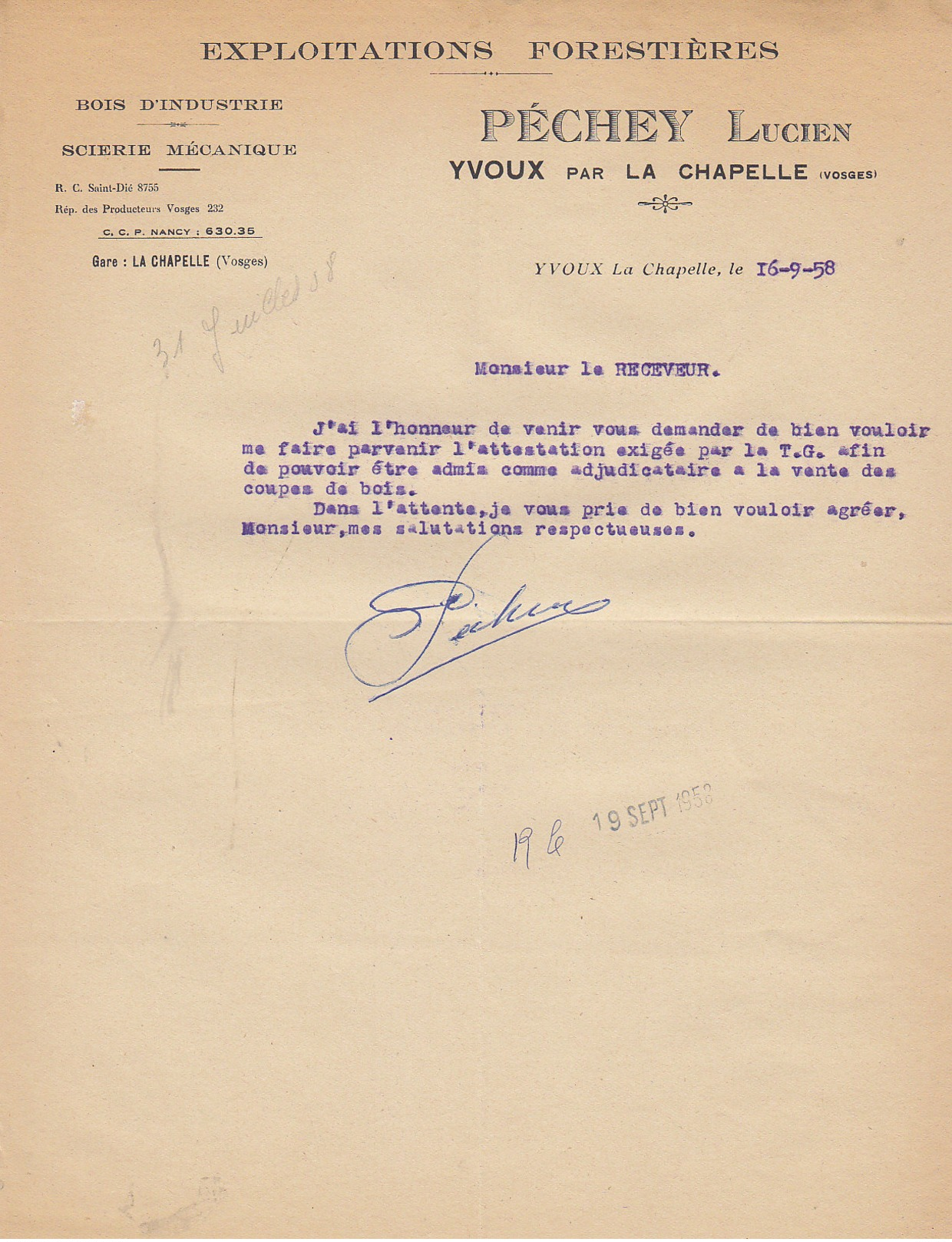Lucien Péchey ,exploitant Forestier à Yvoux Par La Chapelle , Vosges ,courrier De 1958 - 1950 - ...