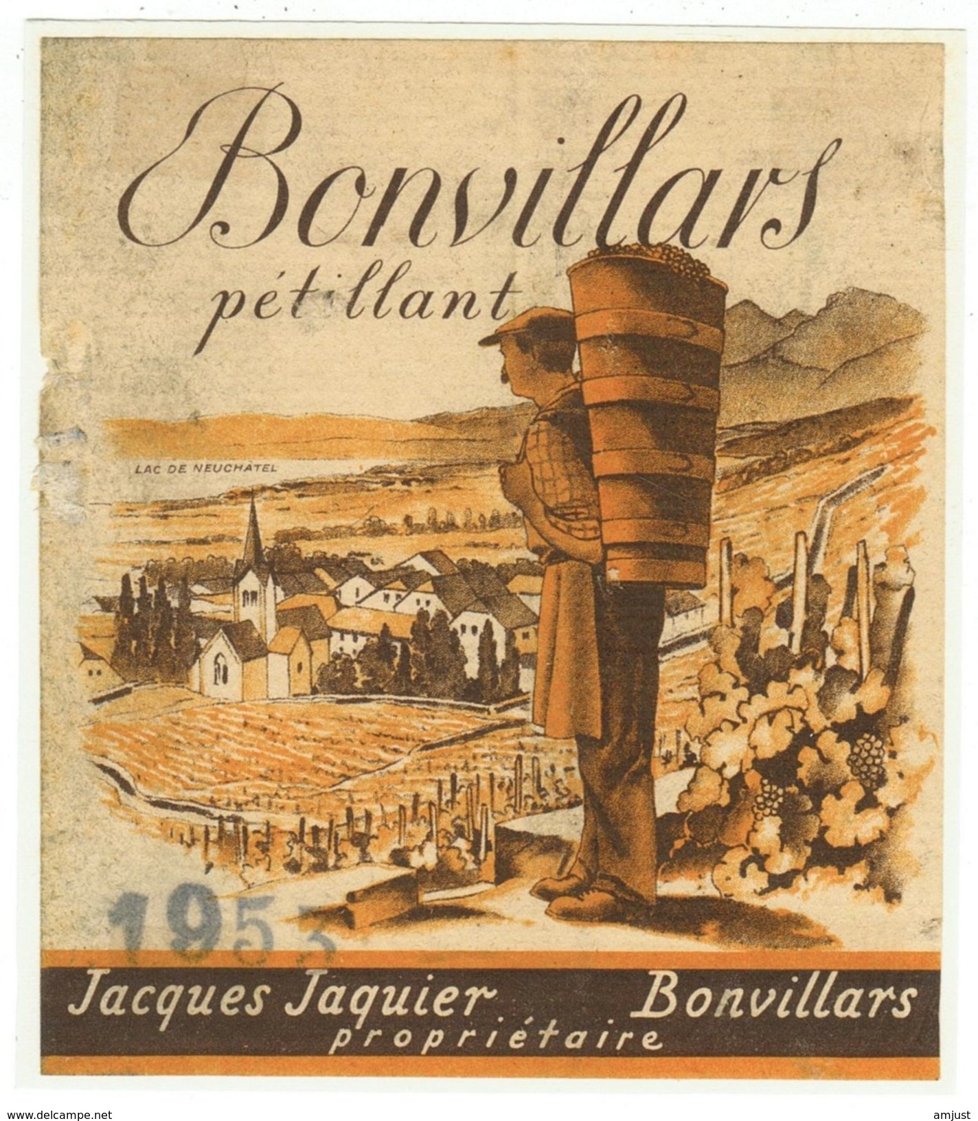 Rare // Etiquette // Bonvillars 1953, Jacques Jaquier, Bonvillars, Vaud // Suisse - Autres & Non Classés