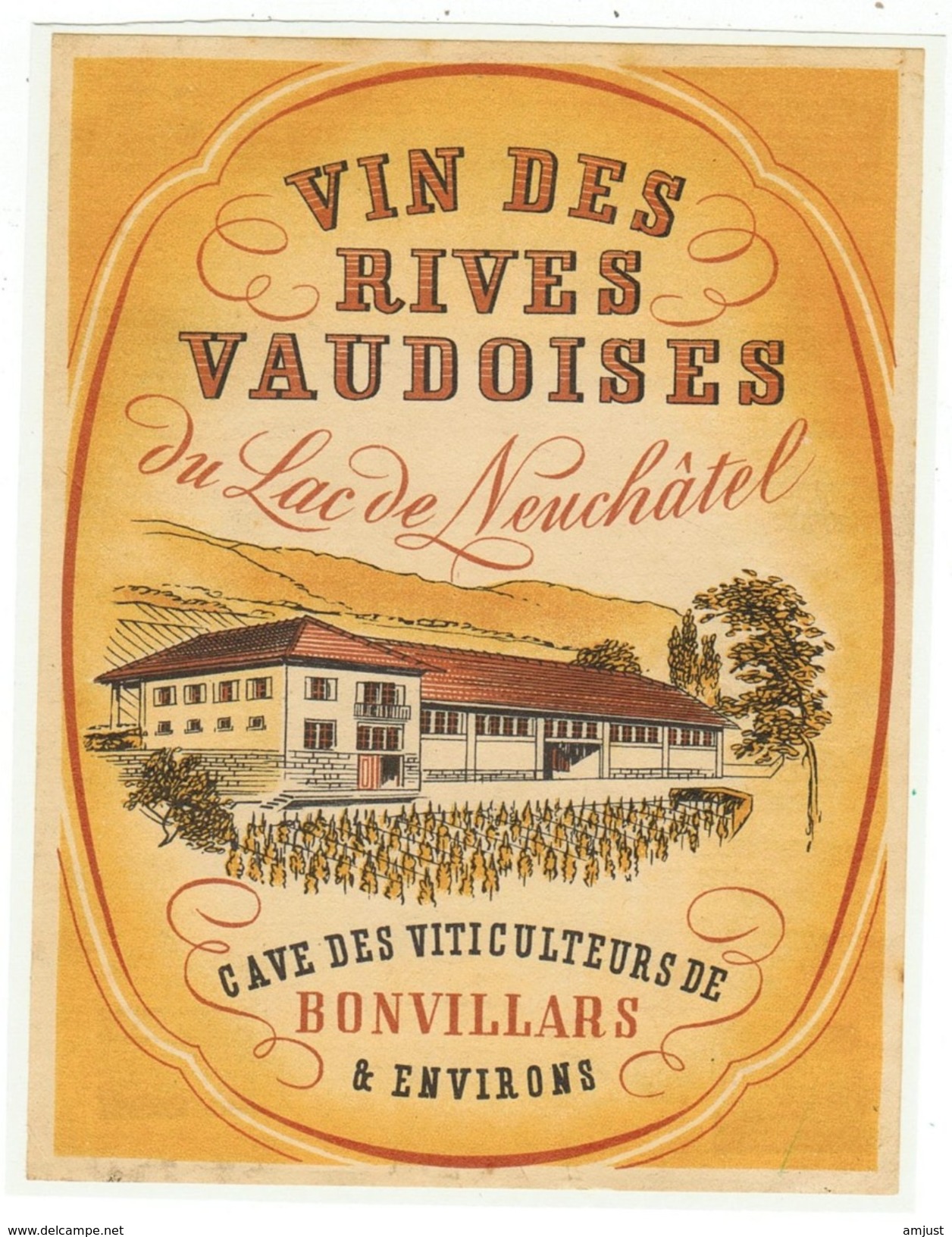 Rare // Etiquette //Vin Des Rives Vaudoises De Lac De Neuchâtel, Cave De Bonvillars, Vaud // Suisse - Autres & Non Classés