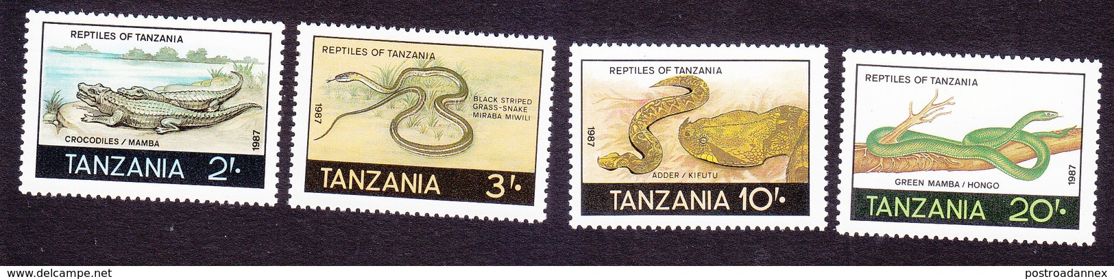 Tanzania, Scott #369-372, Mint Hinged, Reptiles, Issued 1987 - Tanzania (1964-...)