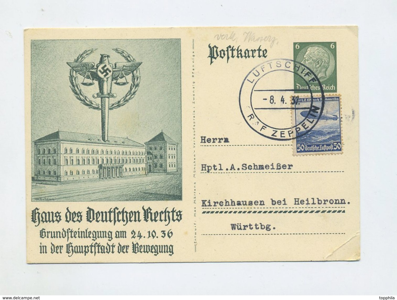 1937 3.Reich Zeppelin LZ127 Probefahrt Bordpost Auf Ganzsache P 237 Mit Zusatzfrankatur Mi  606 Sieger 379 - Briefe U. Dokumente