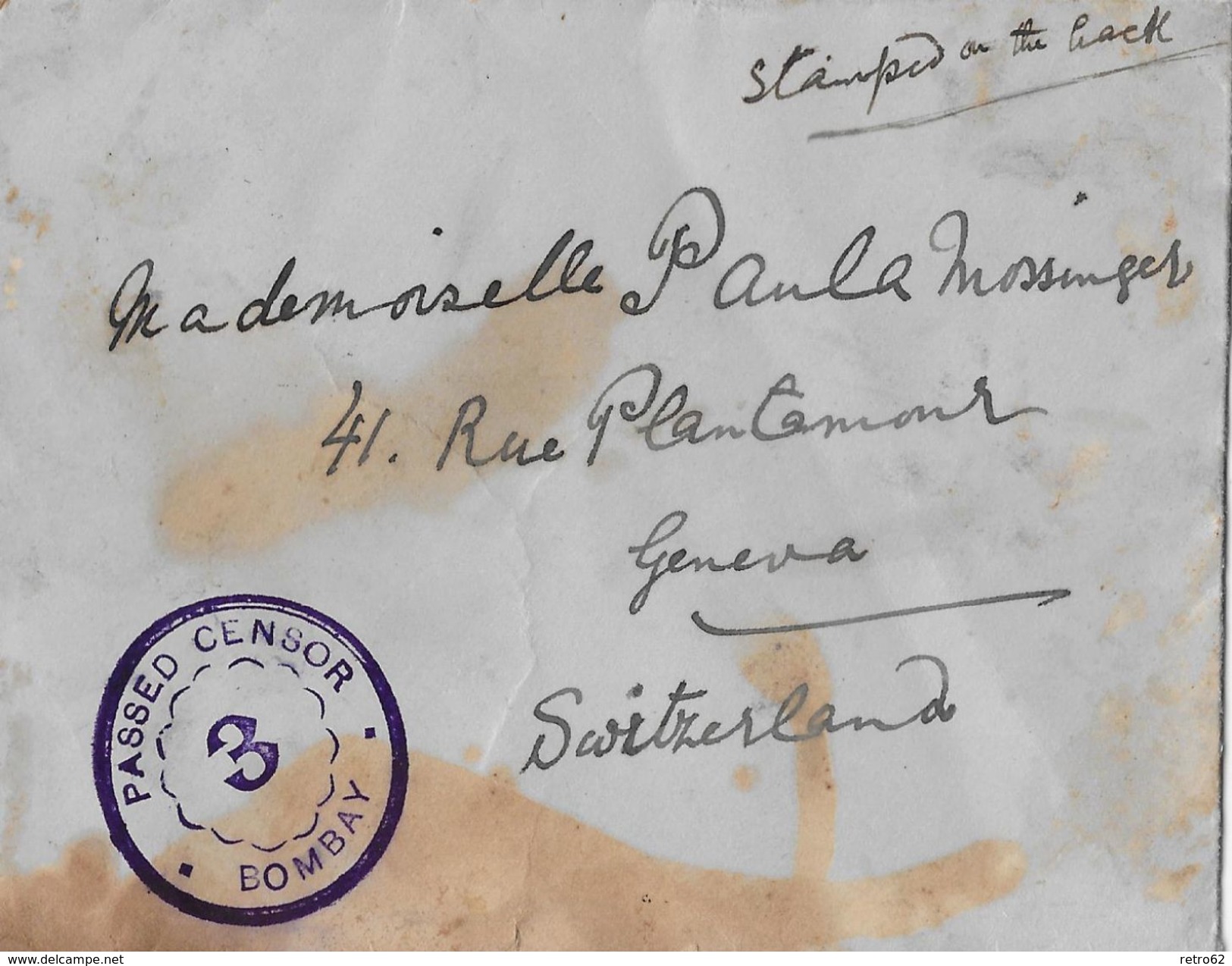 INDIAN &rarr; Letter From Bombay To Geneva Switzerland Ca.1915  &#x25BA;Passed Censor&#x25C4; - Autres & Non Classés