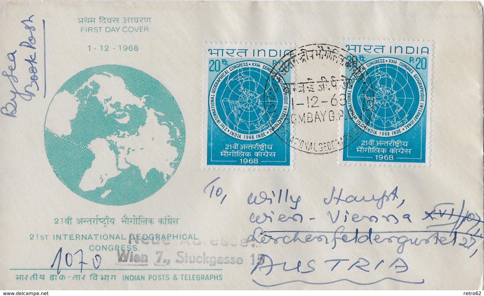 INDIA &rarr; 21. International Geographical Congress From Bombay To Wien 1968 - Lettres & Documents