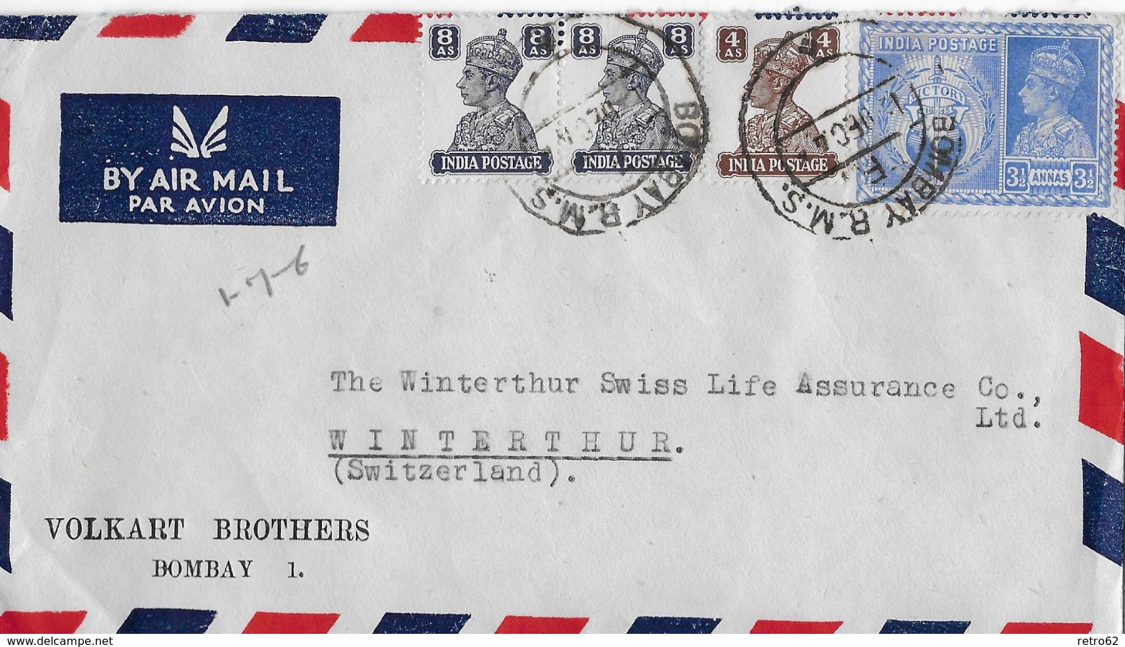 INDIA POSTAGE &rarr; Letter From Bombay To Winterthur Switzerland 1945 - Autres & Non Classés