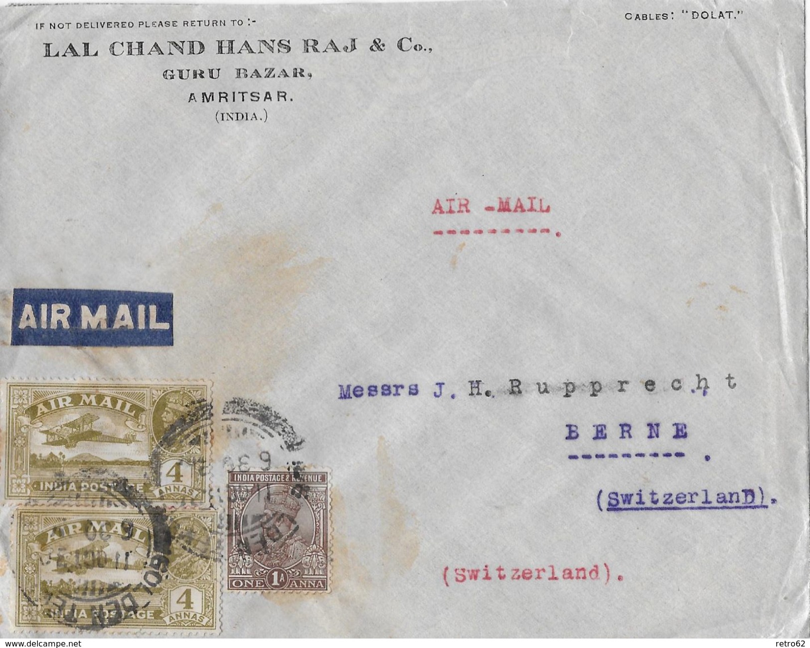INDIA &rarr; AIR MAIL Letter From Amritsar To Berne Switzerland 1931 - Poste Aérienne