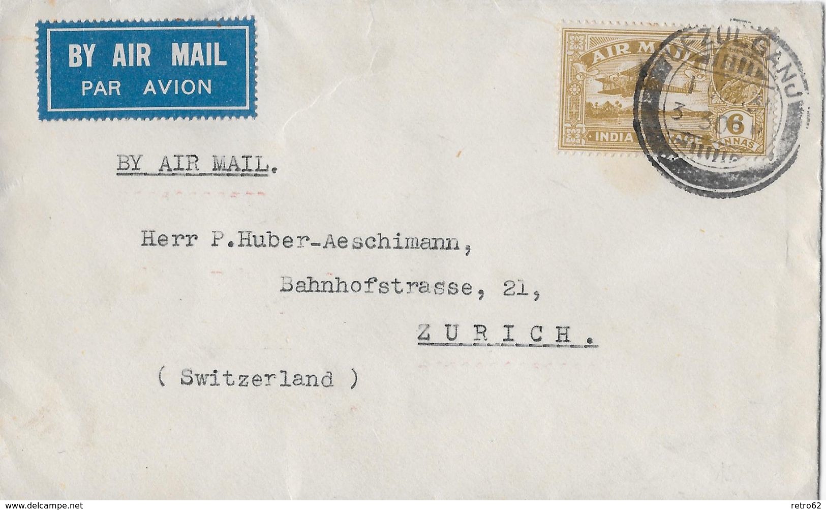 INDIA POSTAGE  &rarr; Air Mail Letter From Ufzulganj To Zürich Switzerland 1930   &#x25BA;RRR&#x25C4; - Poste Aérienne