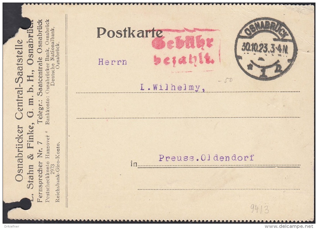 INFLA  DR "Gebühr Bezahlt" Im Rechteck (2-Z M R, 94/3) Auf PK Der Fa. L. Stahn &amp; Finke Mit St: Osnabrück 30.10.1923 - Sonstige & Ohne Zuordnung