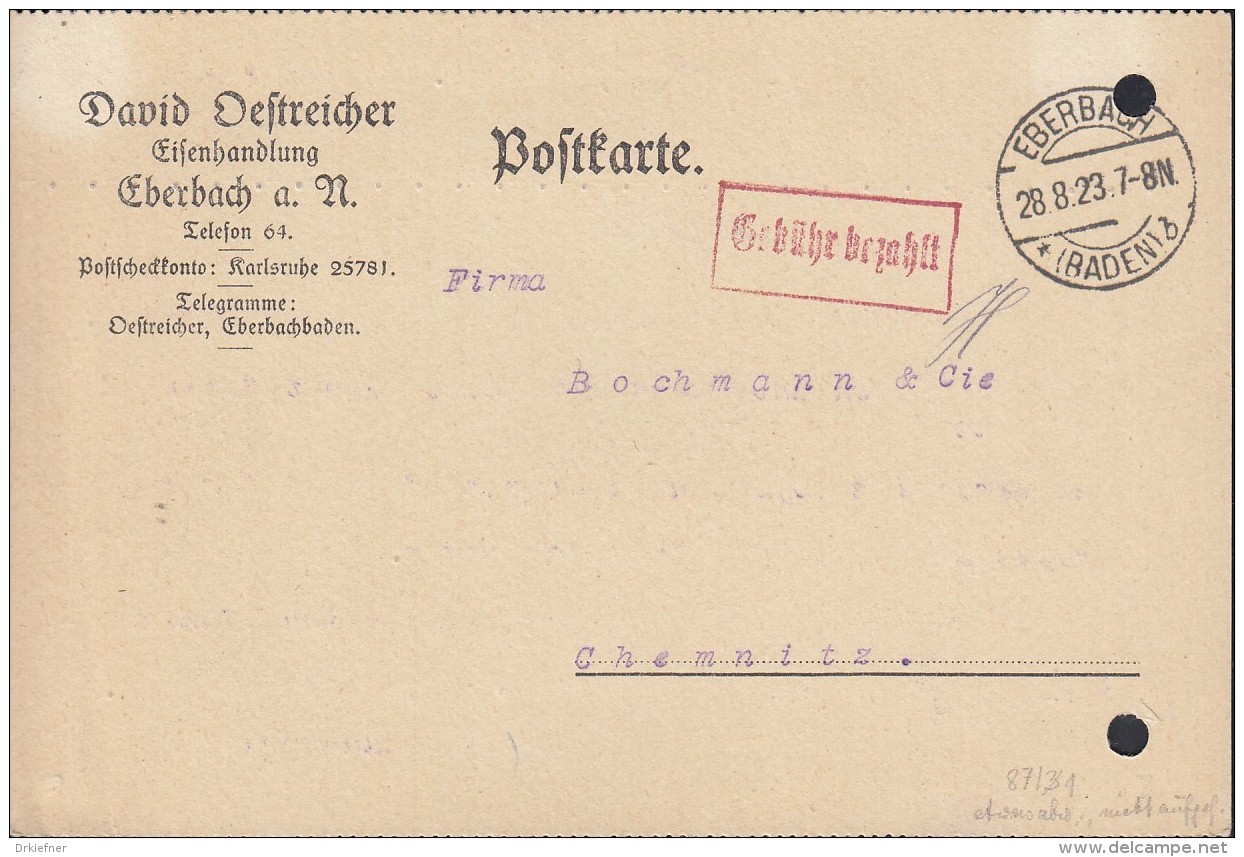 INFLA  DR "Gebühr Bezahlt" Im Rechteck (1-Z M R, 87/neue Type) Auf PK Der Fa.David Östreicher Mit St: Eberbach 28.8.1923 - Sonstige & Ohne Zuordnung