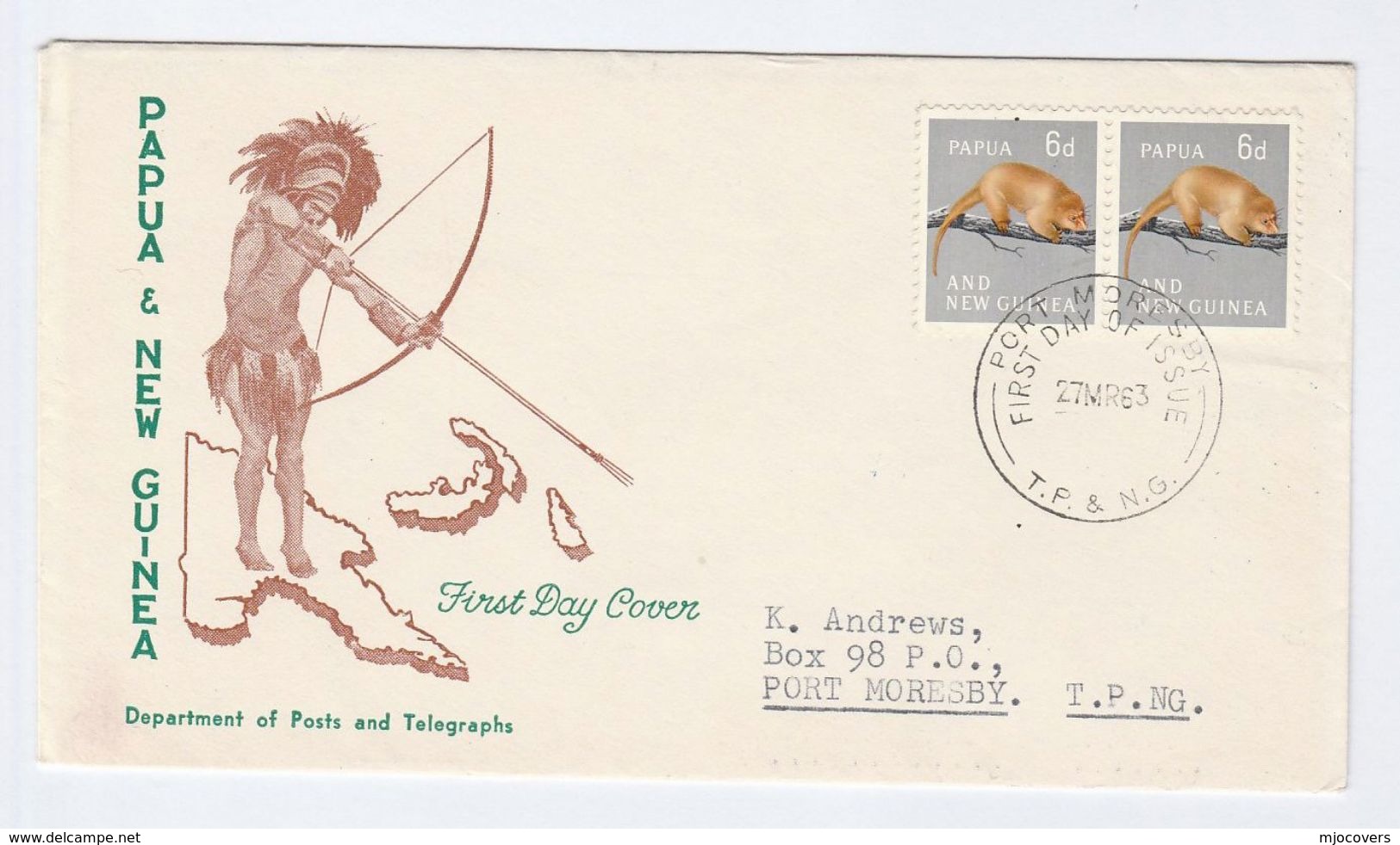 1963 PAPUA NEW GUINEA FDC Stamps 2x 6d PHALANGER Possum Stamps Cover Archery - Papouasie-Nouvelle-Guinée