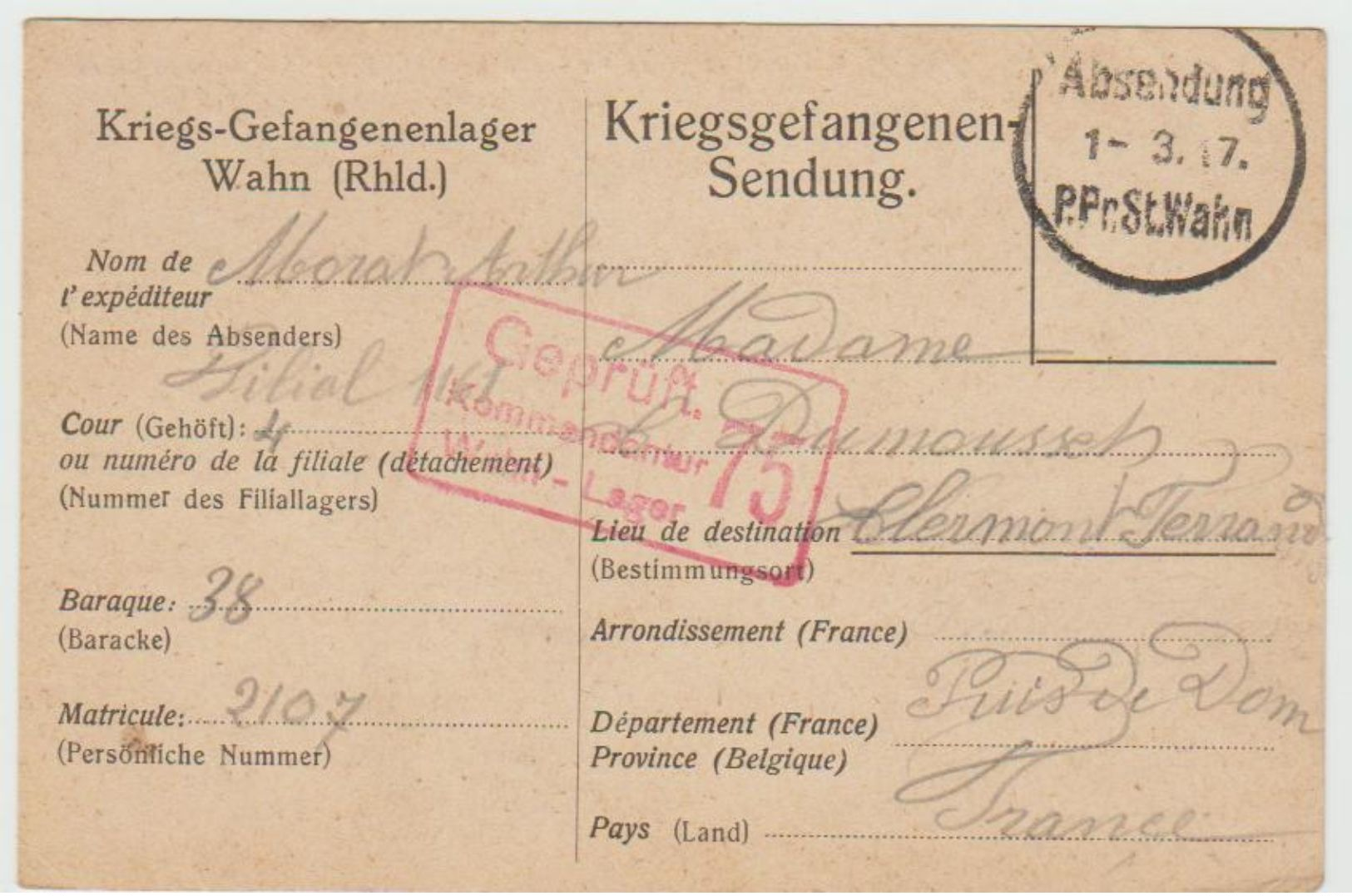 Carte De Prisonnier De Guerre 01/03/1917- St WAHN - Kriegsgefengenen-Sendung  ( Ref 515 ) - Guerre De 1914-18