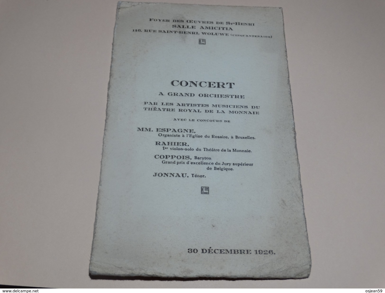 Concert A Grand Orchestre Du 30 Décembre 1926 - Sonstige & Ohne Zuordnung