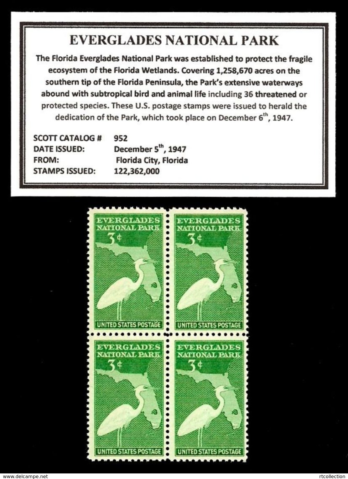 United States 1947 Block USA Everglades Park Dedication Birds Wildlife Nature Bird Cranes Crane 3c Stamps MNH Scott 952 - Cranes And Other Gruiformes