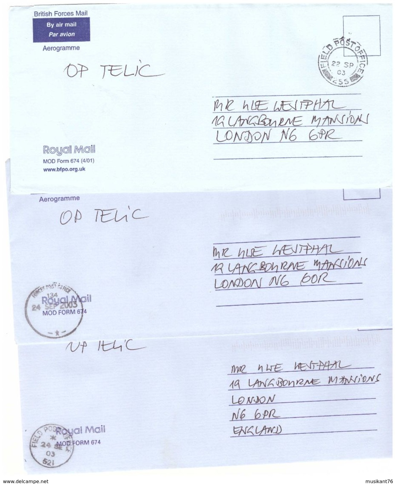 BRITISH FORCES MAIL IN IRAQ Operation Telic 3 Air Letters - Postmark Collection