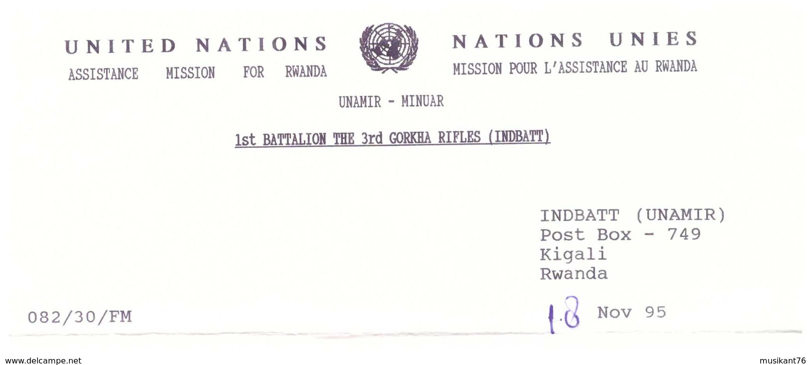 INDIAN MILITARY MAIL RWANDA United Nations Mission UNAMIR 1995 - Military Service Stamp