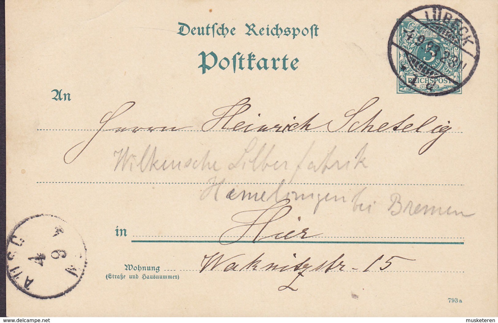 Germany Deutsches Reich Postal Stationery Ganzsache Entier LÜBECK 1893 Locally Sent (Arr. Cds.) (2 Scans) - Postkarten