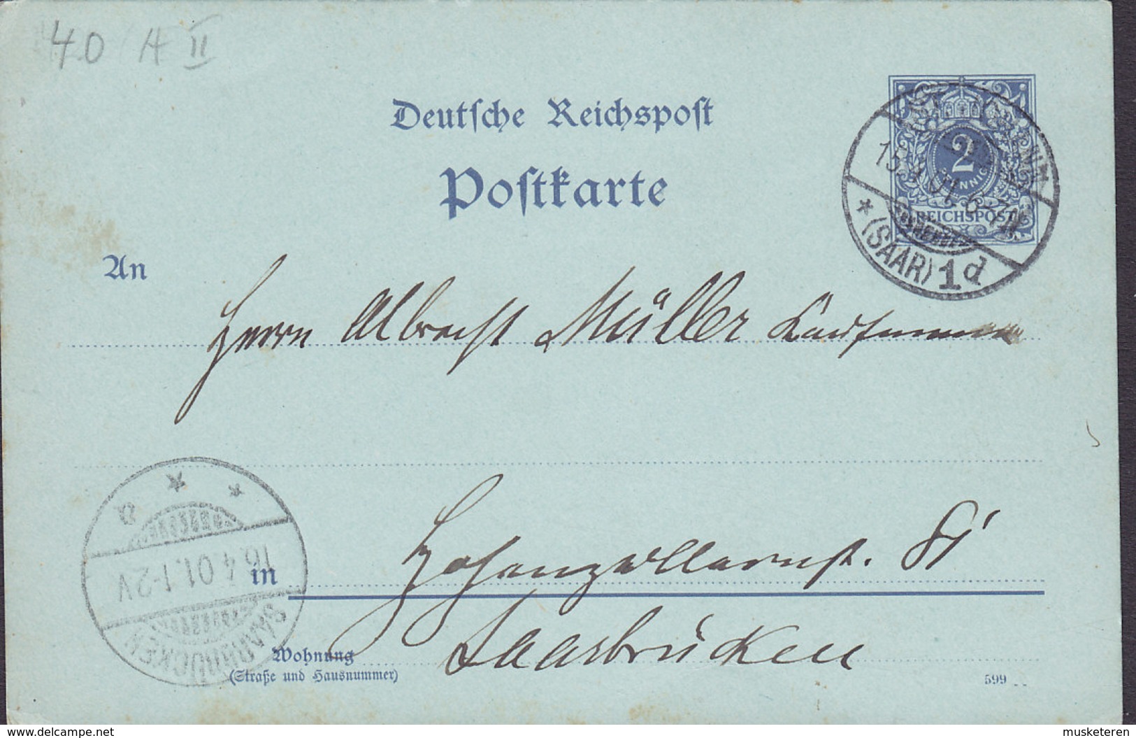 Saar Vorläufer Germany Deutsches Reich Postal Stationery Ganzsache Entier Dr. MÜNSTER, SAARBRÜCKEN (Saar) 1901 (2 Scans) - Postal Stationery