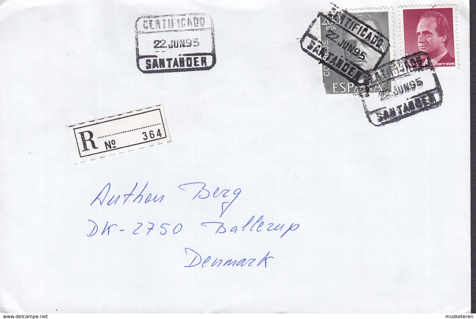 Spain Registered Einschreiben Certificado Label SANTANDER 1995 Cover Brief BALLERUP Denmark Juan Carlos Stamps - Briefe U. Dokumente