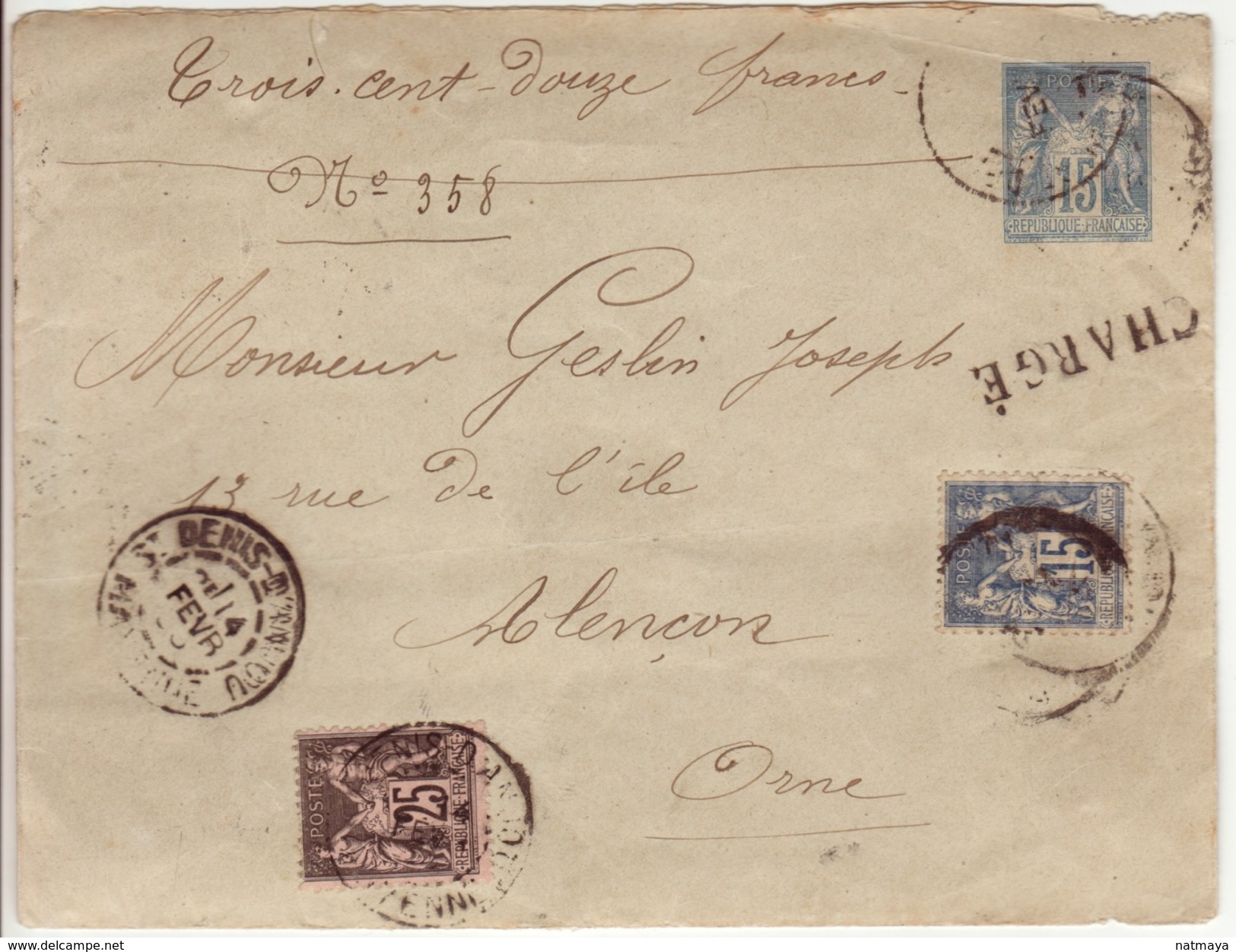 Mayenne - St Denis D'Anjou - Enveloppe- Cachet CHARGE - CAD- TypeA2 - 1896 - 1877-1920: Semi Modern Period