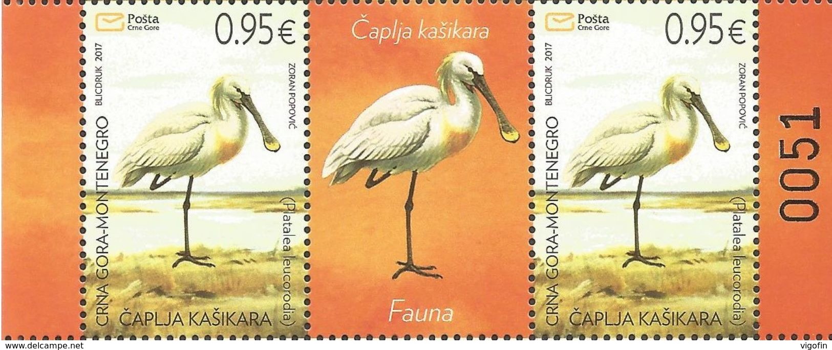 CG 2017-403 BIRDS SPOONBILL, CRNA GORA MONTENEGRO, 2 X 1v + Label, MNH - Storchenvögel