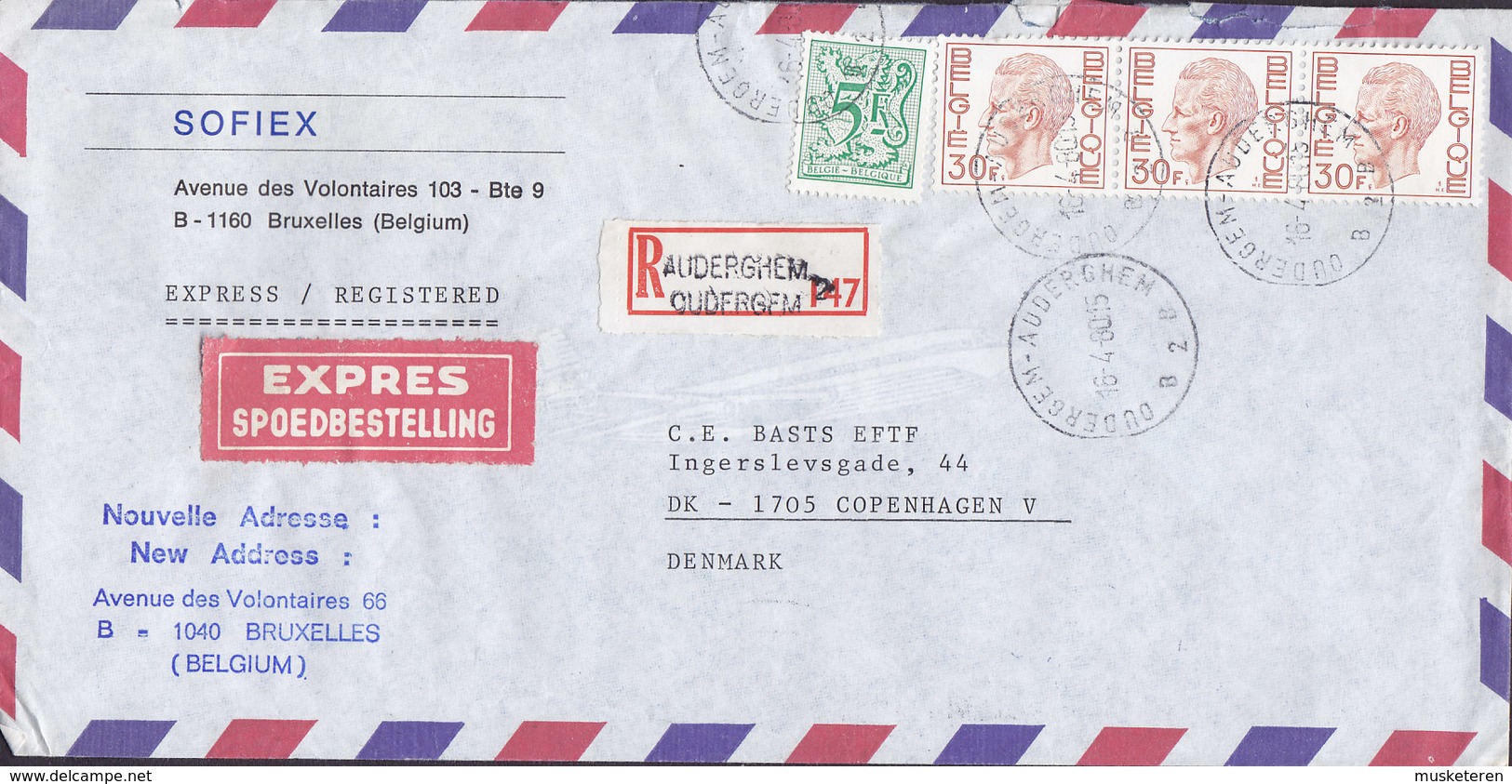 Belgium SOFIEX, EXPRES Spoedbestelling & Registered Recommandé Labels AUDERGHEM 1980 Cover Lettre Denmark 3-Stripe (2 Sc - Briefe U. Dokumente