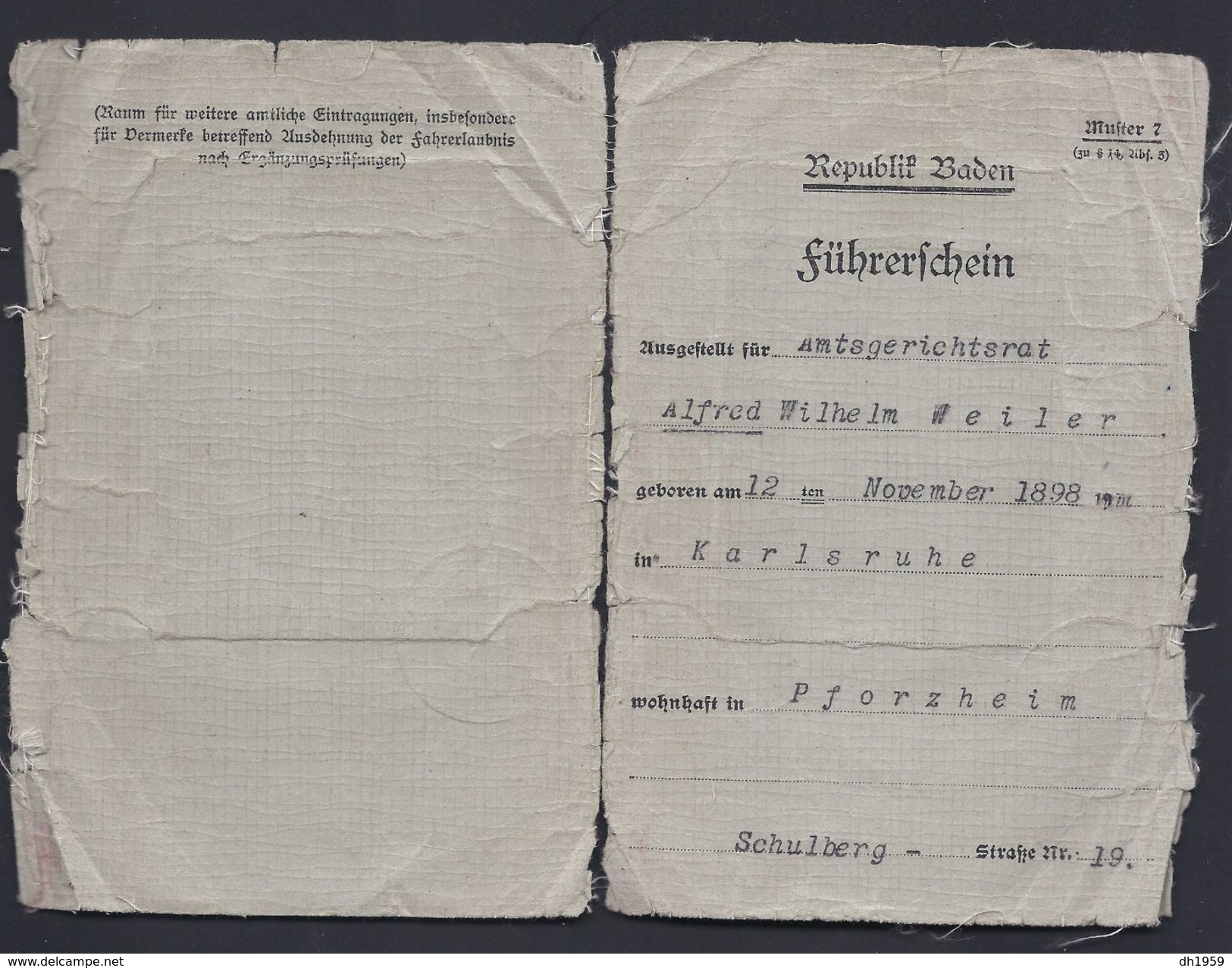 REPUBLIK BADEN 1933 FÜHRERSCHEIN LICENCE PERMIS KARLSRUHE PFORZHEIM POLICE POLIZEI BEZIRKSAMT - Documents Historiques