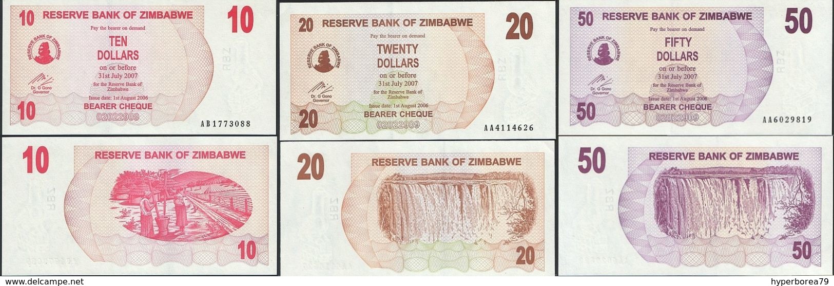 Zimbabwe SET - 10 20 50 Dollars 1.8.2006 BEARER CHEQUE - UNC - Zimbabwe