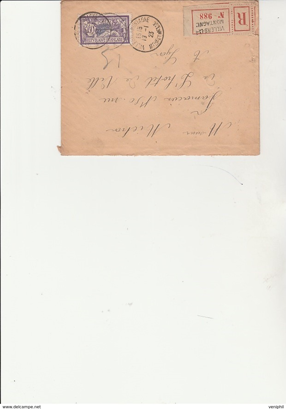 LETTRE RECOMMANDEE AFFRANCHIE N° 144 -TYPE MERSON - CAD VILLERS LA MONTAGNE -19-1-1923 - 1921-1960: Modern Period