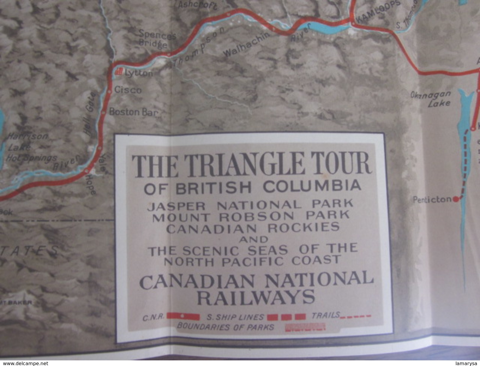 1927 MAP of Canadian N RAILWAY Rockies & Triangle Tour of British Columbia Alaska-Yukon Carte Plan Réseaux-Schéma ligne