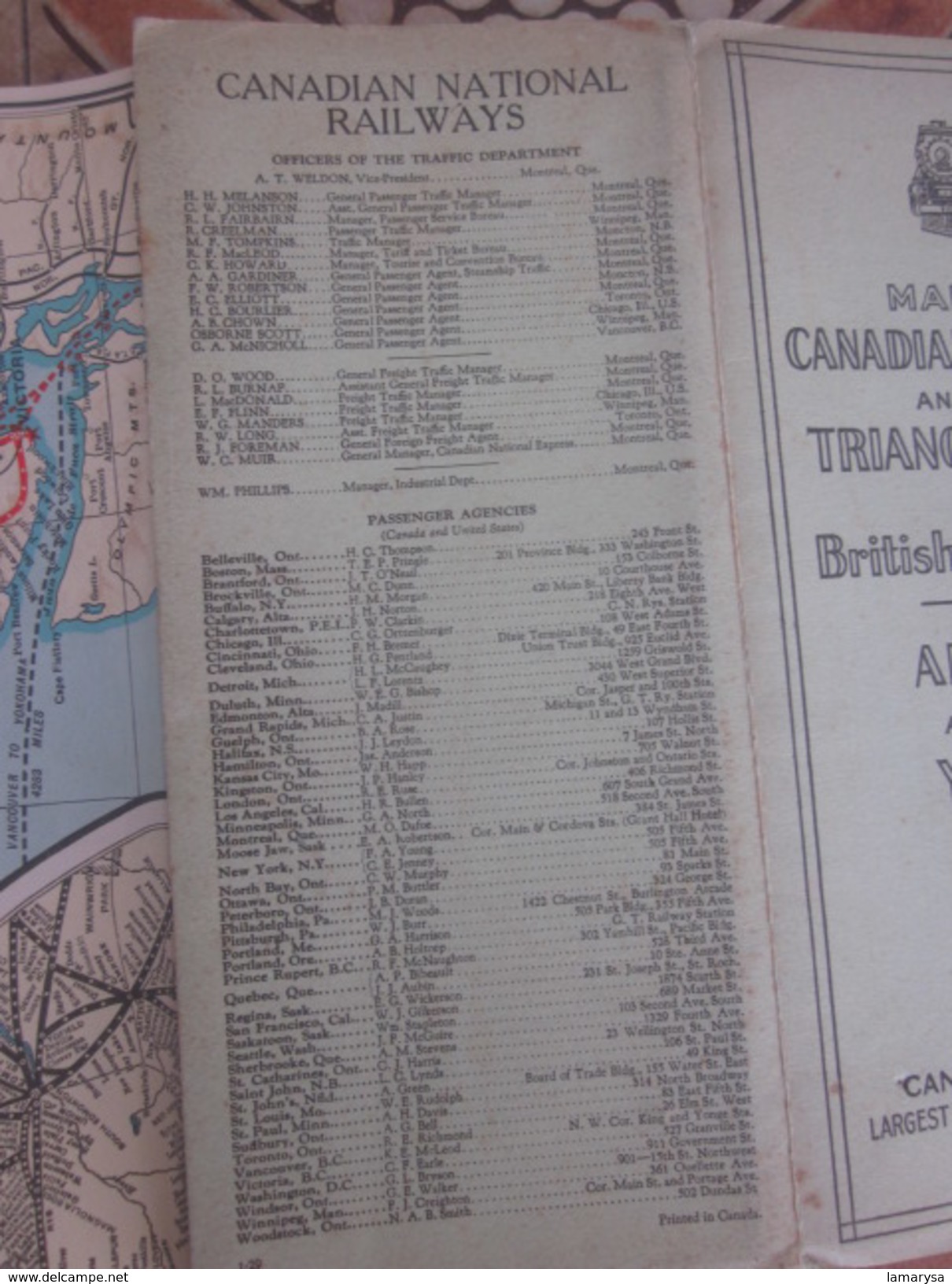 1927 MAP of Canadian N RAILWAY Rockies & Triangle Tour of British Columbia Alaska-Yukon Carte Plan Réseaux-Schéma ligne