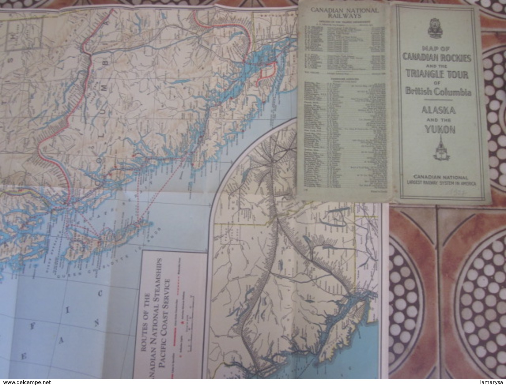 1927 MAP of Canadian N RAILWAY Rockies & Triangle Tour of British Columbia Alaska-Yukon Carte Plan Réseaux-Schéma ligne