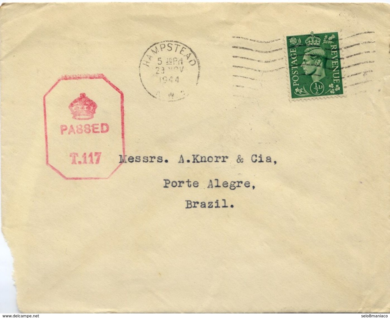 X522-UK-Brazilian And Bristih Censor Cover From Hampstead To P.Alegre,Brazil-1944 - Covers & Documents