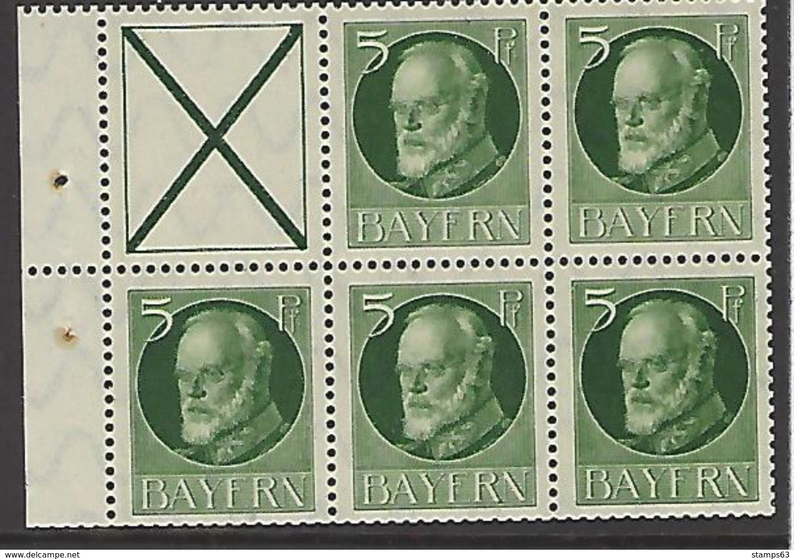 GERMANY BAVARIA (BAYERN), 1914, Bookletpane 5x5 Pf Green, King Luitpold III - Ungebraucht