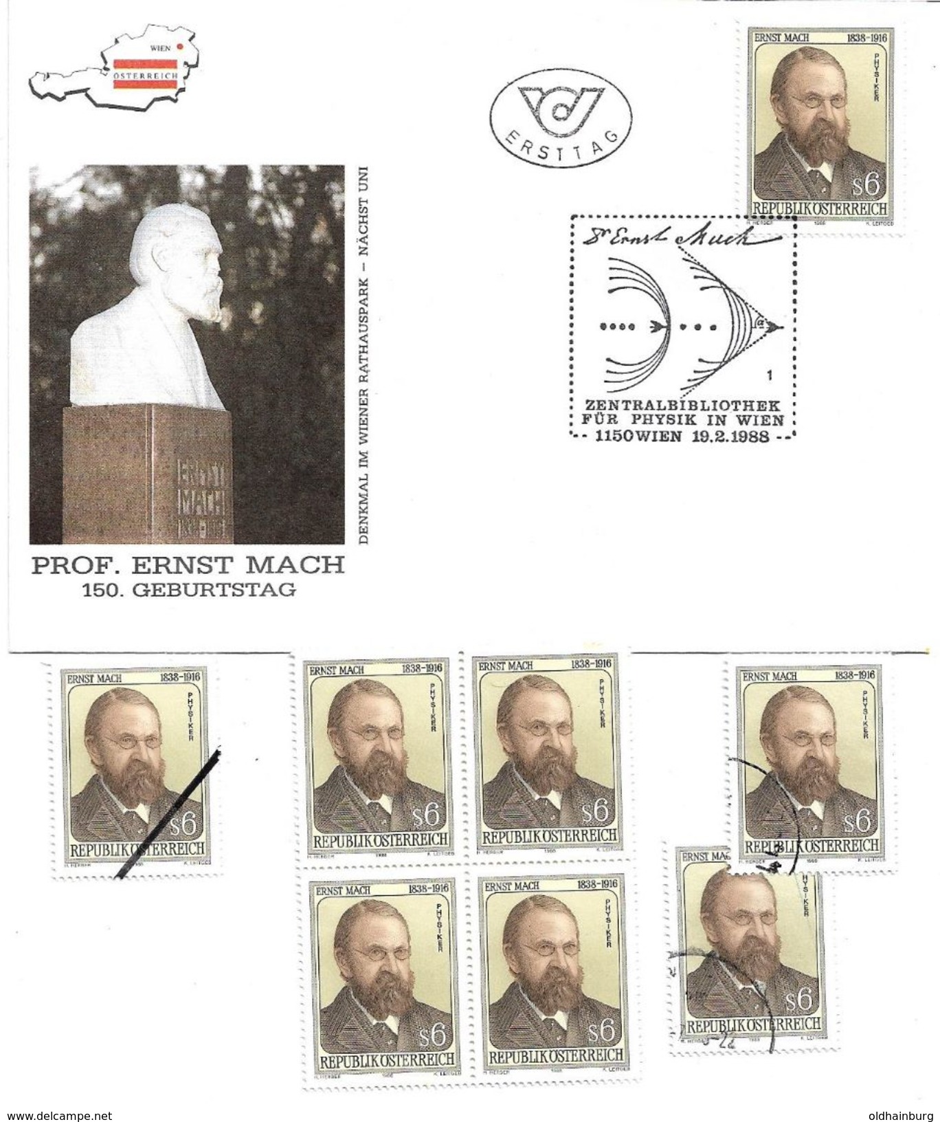 1500g: Österreich 1988, Physik Ernst Mach, Viererblock **, 2mal Gestempelt, Plus Mustermarke - Physik