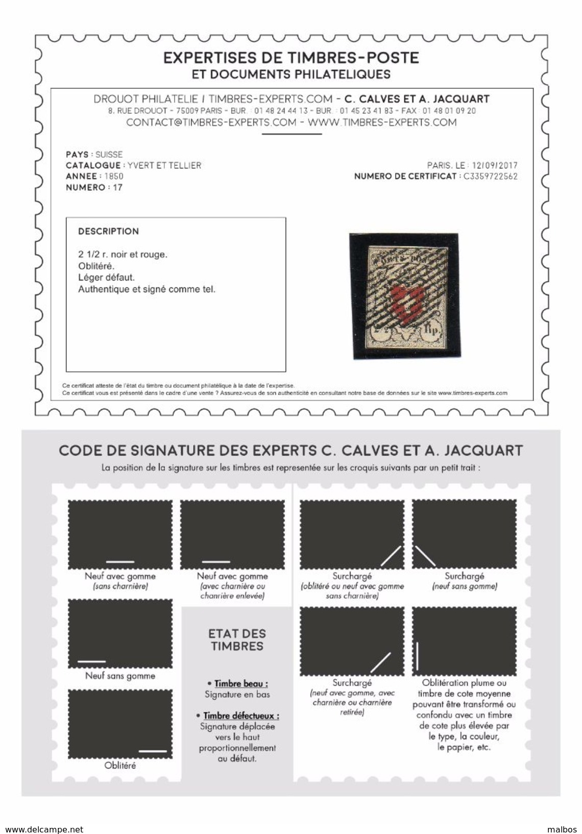SUISSE - Postes Fédérales  1850  - Y&T 17 (o)   Certif Calvés Paris. - 1843-1852 Kantonalmarken Und Bundesmarken