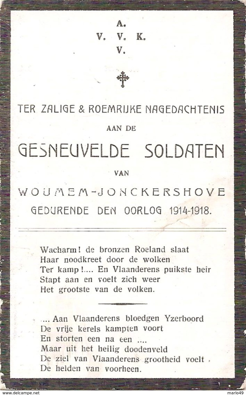 DP. NAGEDACHTENIS AAN DE GESNEUVELDE SOLDATEN VAN WOUMEN -JONCKERHOVE OORLOG 1914-1918 - Religion & Esotérisme