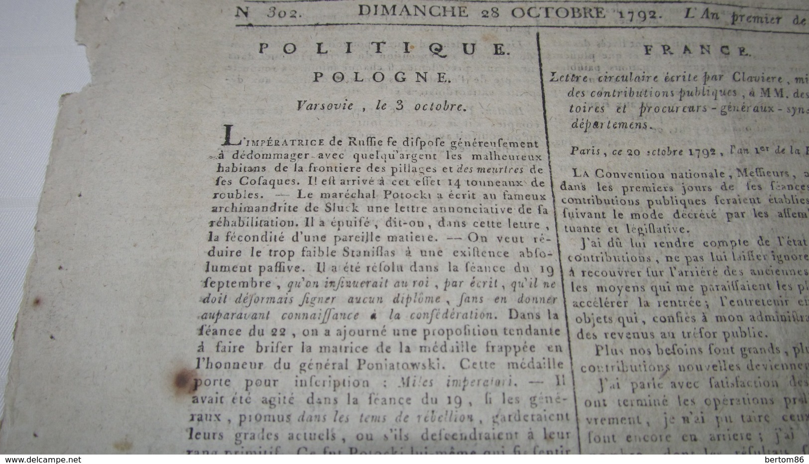 POLOGNE - POTOCKI - CATHERINE II ET SES COSAQUES - LA POLOGNE SOUS LA MAIN DES RUSSES -  PONIATOWSK I // DANTON - 1792 - Journaux Anciens - Avant 1800