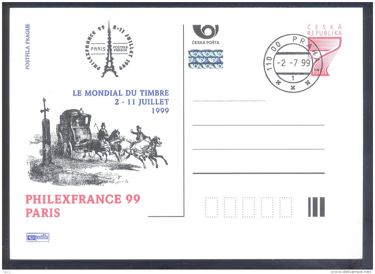 Czech Republic 1999 Postal Stationery Card: Transport Carriage Horse Pferd Cavallo Philafrance Architecture Eifell Tower - Sonstige (Land)