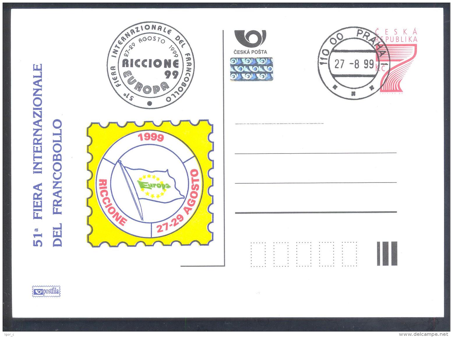 Czech Republic 1999 Postal Stationery Card: European Union Flags Philately Fair; Riccione - Sonstige & Ohne Zuordnung