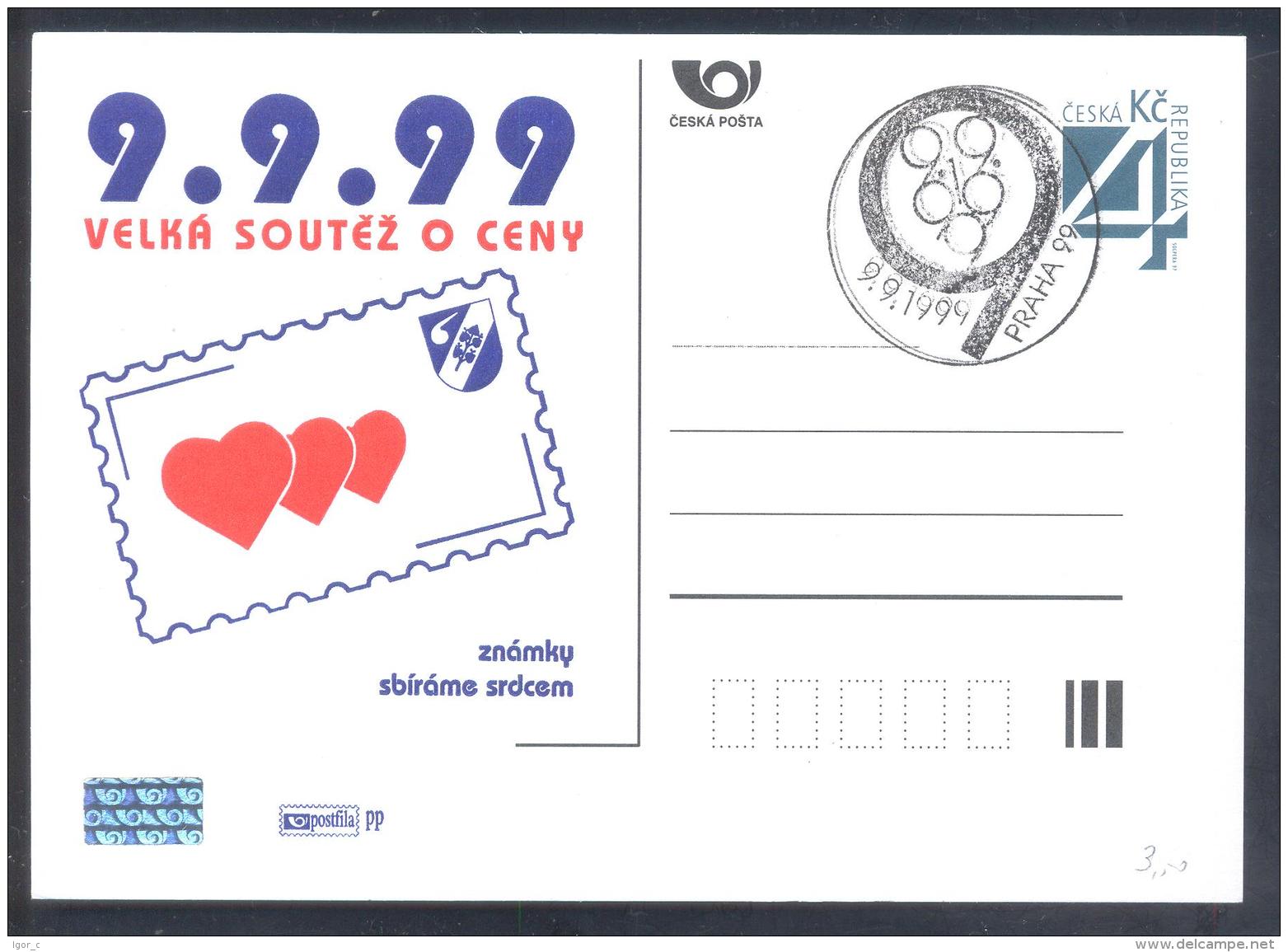 Czech Republic 1999 Postal Stationery Card: Magic Date 9.9.99; Heart Herz; Stamp Collecting With Heart - Sonstige & Ohne Zuordnung