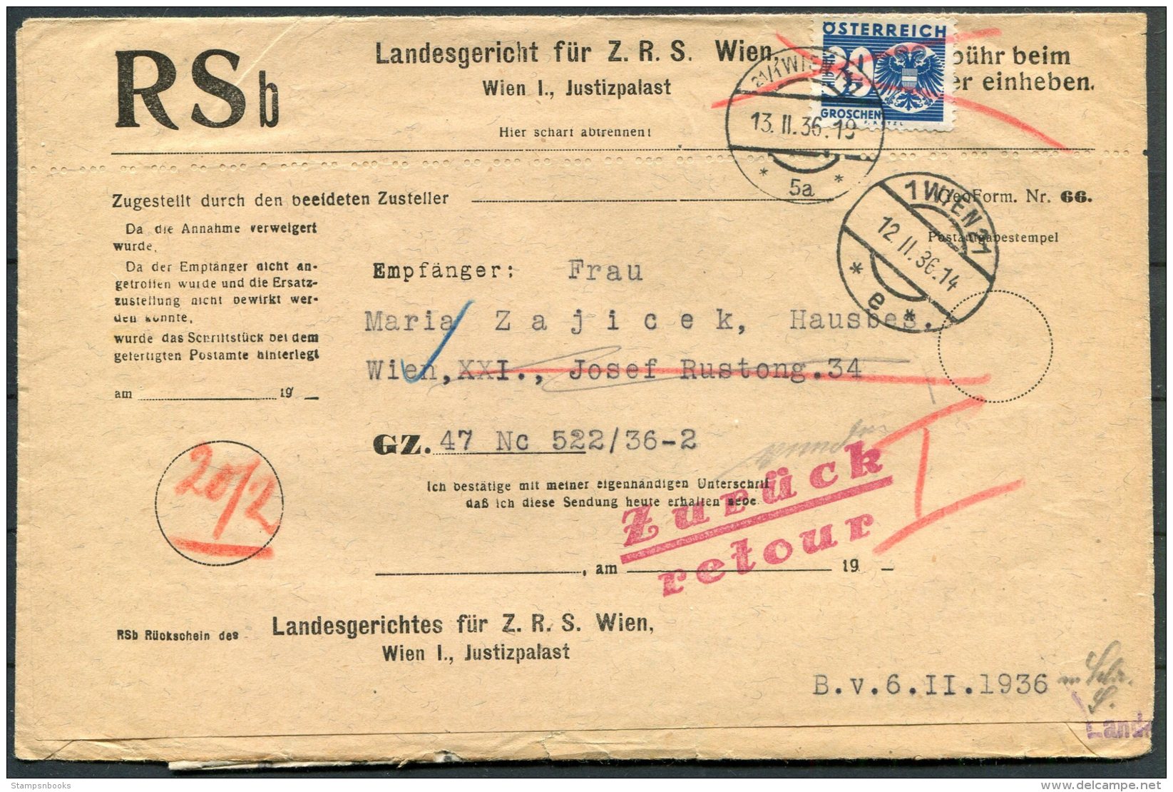 1936 Austria Wien Landesgericht Z.R.S. Retour Postage Due - Briefe U. Dokumente