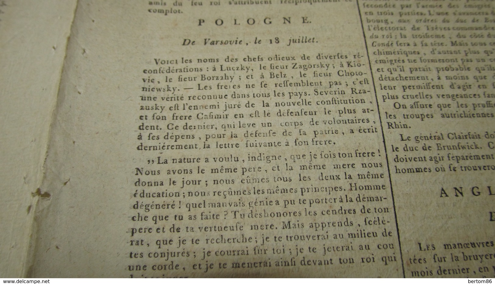 POLOGNE - LES NOMS DE CHEFS ODIEUX - PRINCE PONIATOWSKI - MARECHAL MALAKOWSKI - GAZETTE NATIONALE DE 1792. - Zeitungen - Vor 1800