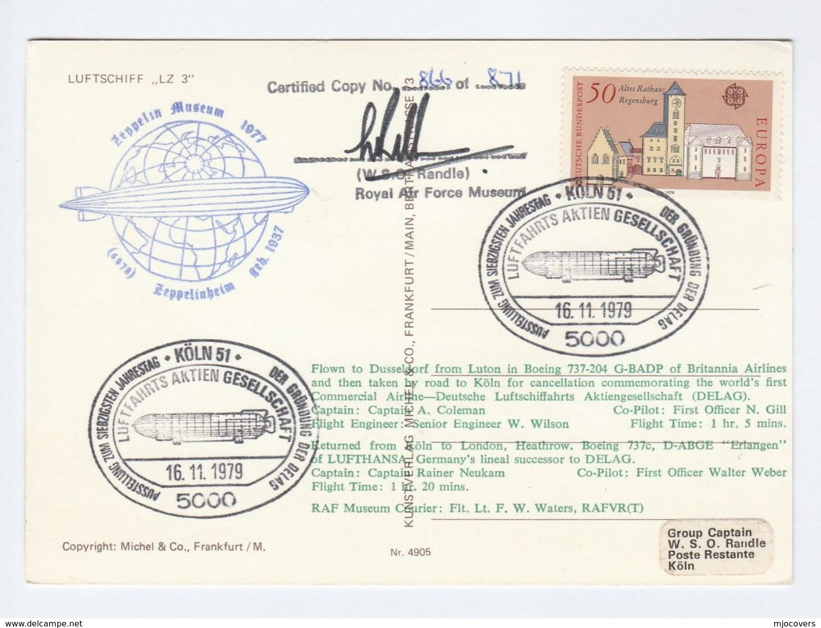 1979 SIGNED ZEPPELIN Museum FLIGHT  COVER (postcard Luftschiff  LZ3) Germany Stamps Airship Aviation - Airships