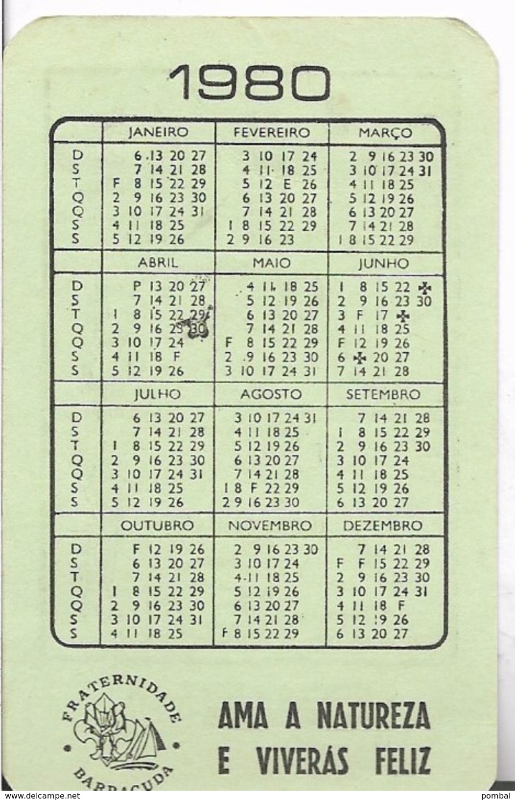 Pocket Calendar FRATERNIDADE BARRACUDA 1980 ESCUTEIROS RARO - Petit Format : 1981-90