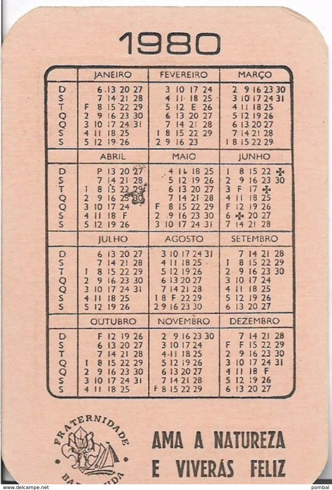 Pocket Calendar FRATERNIDADE BARRACUDA 1980 ESCUTEIROS RARO - Petit Format : 1981-90