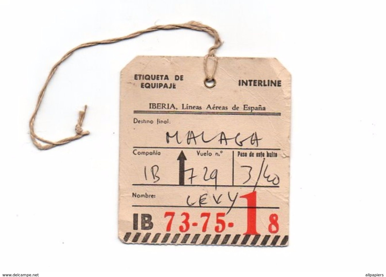 Etiqueta De Equipaje Iberia Interline Malaga IB 73-75-18 Madrid IB 729 Avec Ficelle D'attache - Étiquettes à Bagages