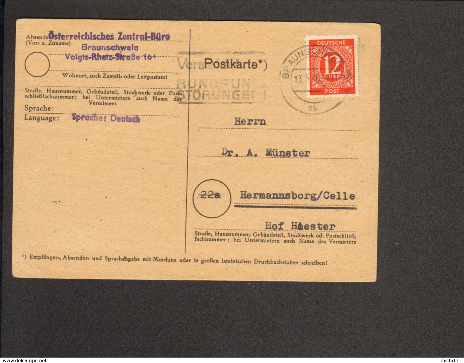 Alli.Bes.12 Pfg.Ziffer Auf Postkarte A.Braunschweig V.1946, Abs.Österreichisches Zentralbüro - Sonstige & Ohne Zuordnung